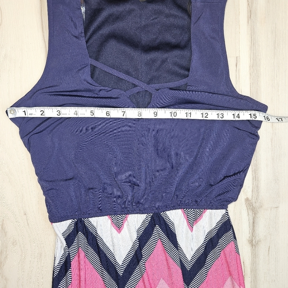 Three Pink Hearts Chevron Maxi Dress Navy Pink Boho Strappy Tank Empire Waist XS - Picture 5 of 12